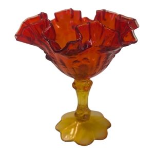 60s Fenton Amberina Fire Flame Cabbage Rose Pattern Compote W Ruffled Edge 6.25"
